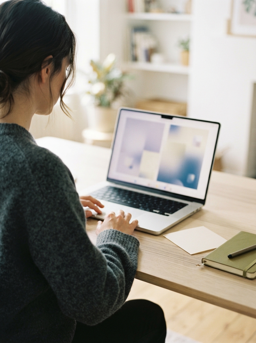 Woman in a dark sweater using a laptop at a light wooden desk in a bright room.