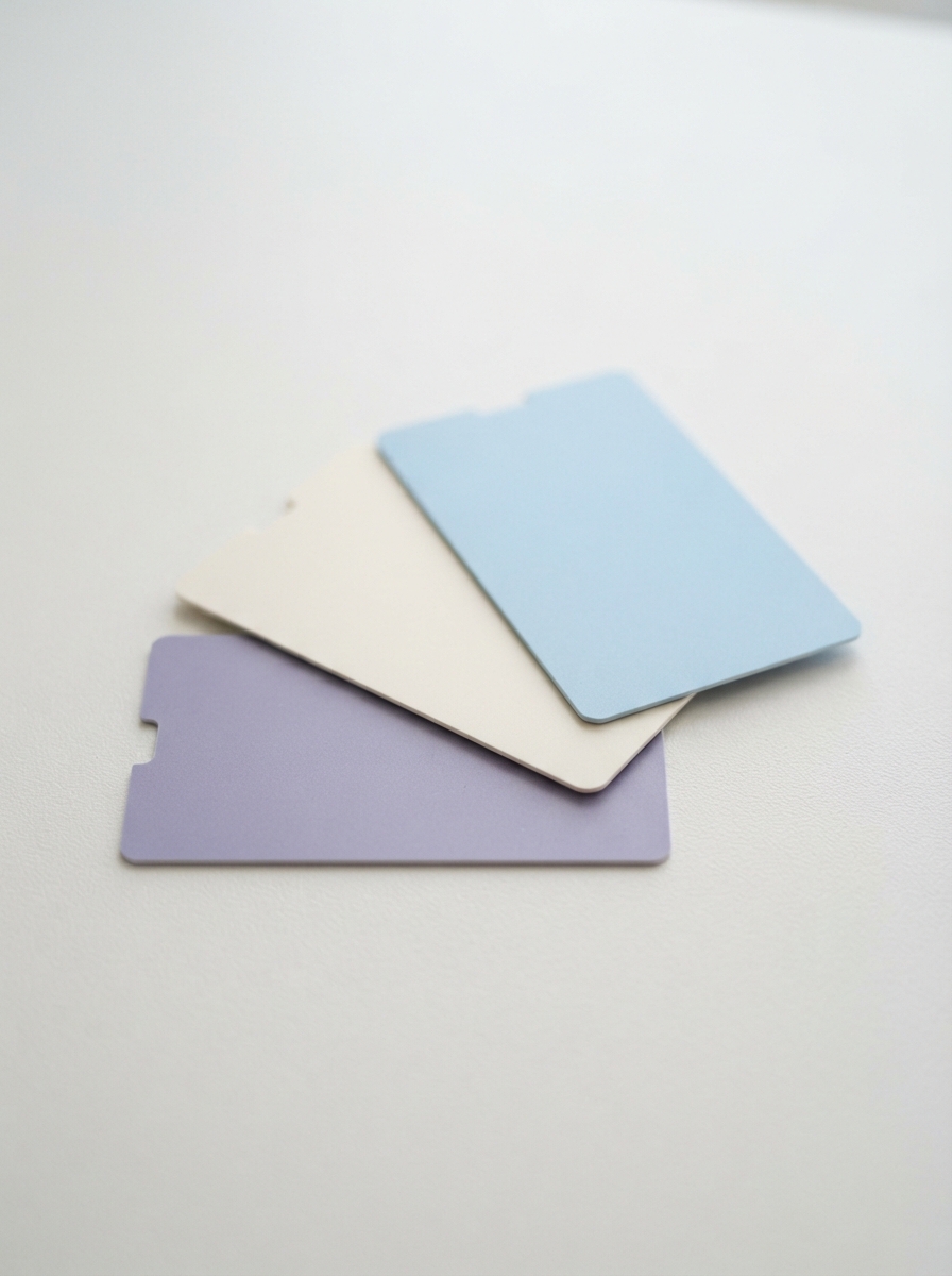 Three blank pastel cards in blue, cream, and lavender stacked diagonally on a light surface.