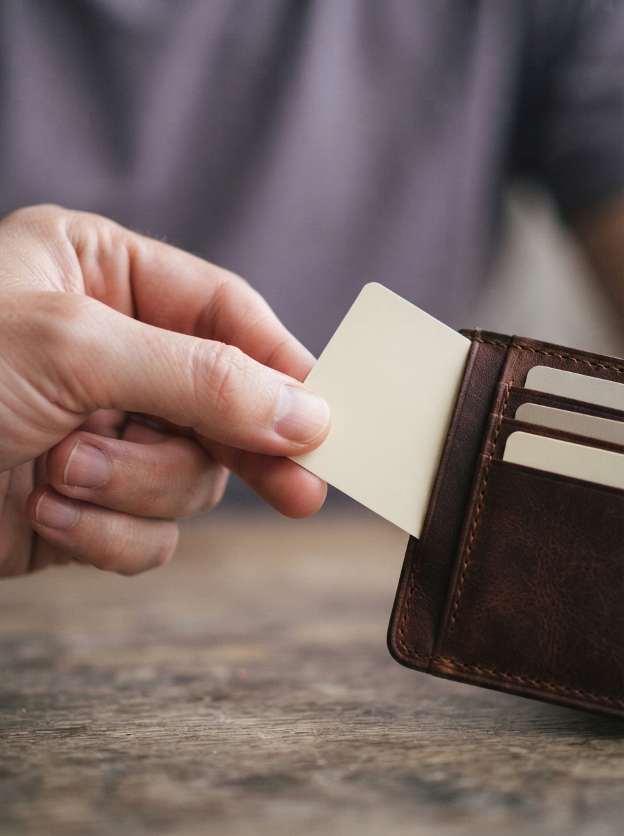 Hand pulling a blank card from a brown leather wallet on a wooden surface.