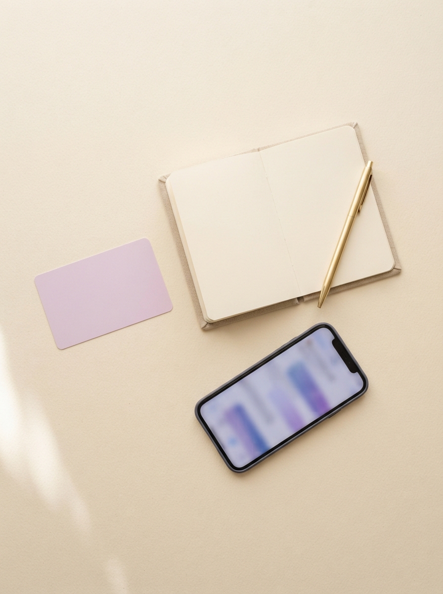 Open blank notebook with a gold pen, purple card, and smartphone on a cream surface.